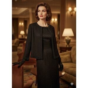 Vintage Laurence Kazar Silk Beaded Set Dress Jacket Black Formal Evening NYE
